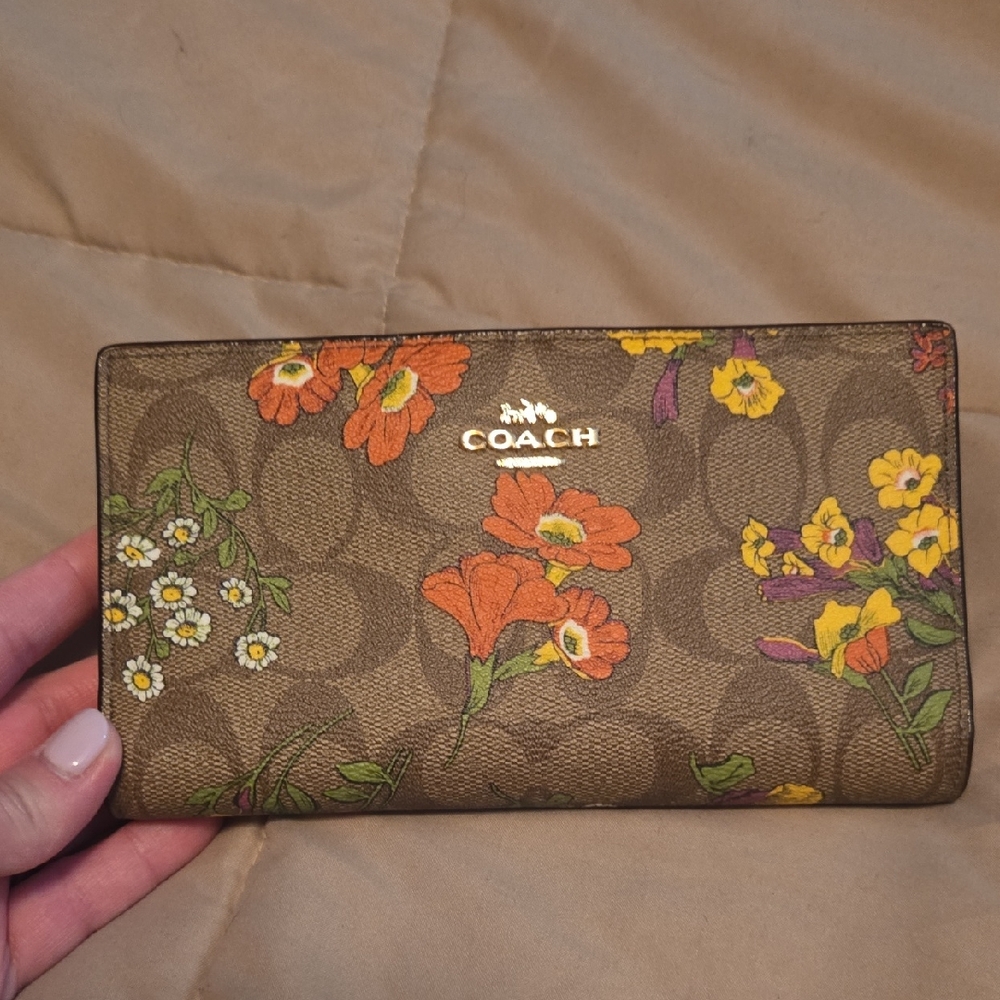 COACH Brown Signature Floral Continental Wallet with Orange & Yellow Blooms